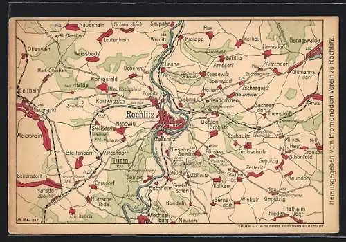AK Rochlitz, Landkarte der Ortschaft mit Umgebung