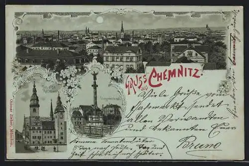 Mondschein-Lithographie Chemnitz, Panorama, altes Rathaus, Siegesdenkmal