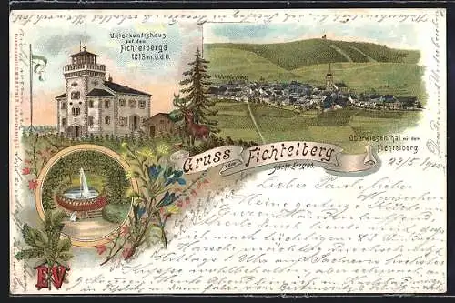 Lithographie Oberwiesenthal im Sächs. Erzgebirge, Unterkunftshaus, Teilansicht mit dem Fichtelberg, Brunnen