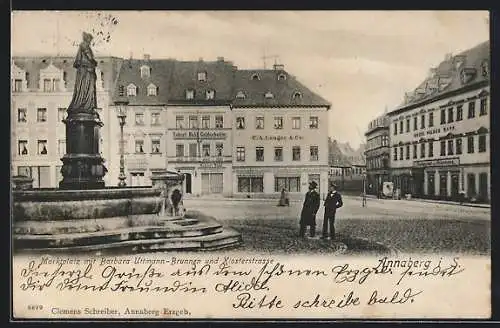 AK Annaberg i. S., Marktplatz mit Barbara Uttmann-Brunnen und Klosterstrasse