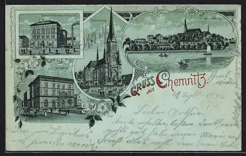 Lithographie Chemnitz, Petrikirche, Schlossteich, Reichsbank