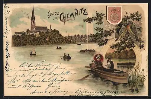 Lithographie Chemnitz, Stadtpanorama vom Wasser aus mit Bootspartie, Wappen