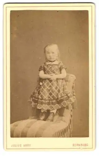 Fotografie Julius Nary, Bernburg, Langestrasse 23, Kleines Mädchen im karierten Kleid mit abwartendem Blick