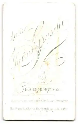 Fotografie Julius Grusche, Neugersdorf i. S., Bürgerlicher Knabe mit Mittelscheitel und leichtem Schnäuzer, im Anzug