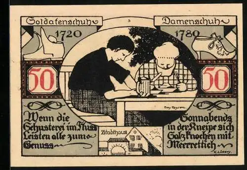 Notgeld Weissenfels a. d. Saale 1921, 50 Pfennig, Soldatenschuh 1720, Damenschuh 1780, Stadthaus