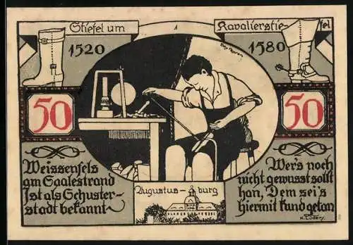 Notgeld Weissenfels a. d. Saale 1921, 50 Pfennig, Stiefel um 1520, Kavalierstiefel 1580, Augustus-Burg