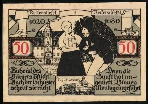 Notgeld Weissenfels a. d. Saale 1921, 50 Pfennig, Reiterstiefel 1620 und 1680, Augustusburg