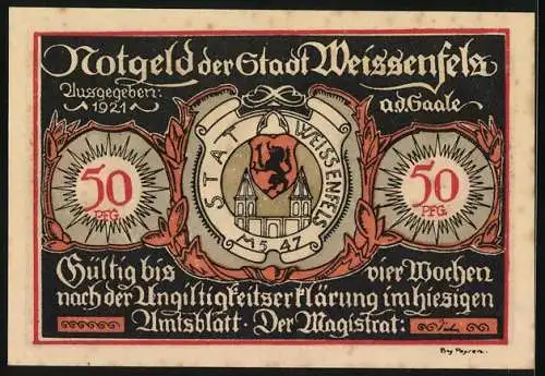 Notgeld Weissenfels a. d. Saale 1921, 50 Pfennig, Reiterstiefel 1620 und 1680, Augustusburg