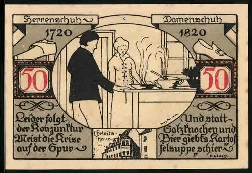 Notgeld Weissenfels a. d. Saale 1921, 50 Pfennig, Herrenschuh 1720, Damenschuh 1820, Geleitshaus