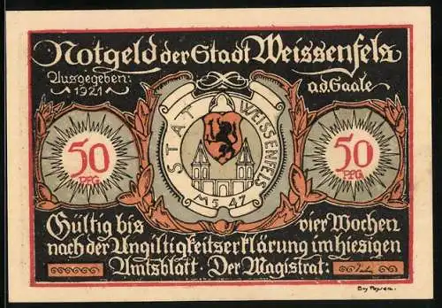 Notgeld Weissenfels a. d. Saale 1921, 50 Pfennig, Herrenschuh 1880, Damenschuh 1920, Rathaus