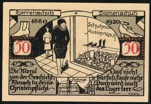 Notgeld Weissenfels a. d. Saale 1921, 50 Pfennig, Herrenschuh 1880, Damenschuh 1920, Rathaus