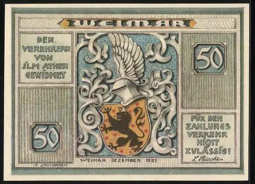 Notgeld Weimar 1921, 50 Pfennig, Wappen und Schillerhaus