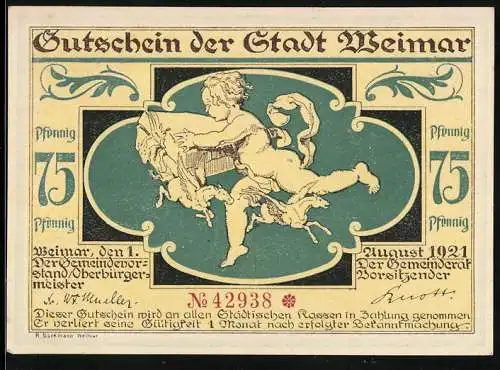 Notgeld Weimar 1921, 75 Pfennig, Notgeldscheine wehen über den Platz