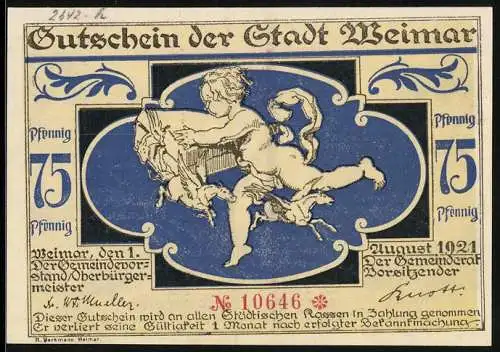 Notgeld Weimar 1921, 75 Pfennig, Drei Frauen auf dem Marktplatz