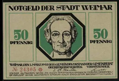 Notgeld Weimar, 50 Pfennig, Mann beträufelt einen Schlafenden mit einer Flüssigkeit