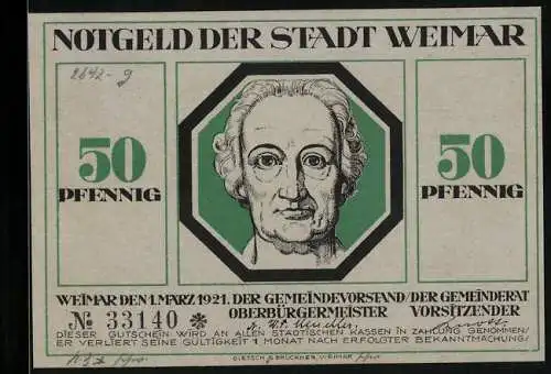 Notgeld Weimar, 50 Pfennig, Mann beträufelt einen Schlafenden mit einer Flüssigkeit, Goethe