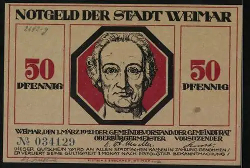 Notgeld Weimar, 50 Pfennig, Goethe, Mutter mit Kindern und Grossvater, dahinter der Tod mit Sichel