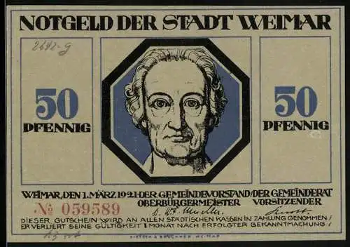Notgeld Weimar, 50 Pfennig, Goethe, Held hält schützenden Schild über die Stadt