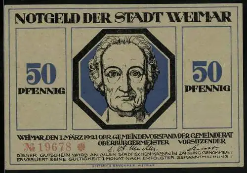 Notgeld Weimar, 50 Pfennig, Goethe, Held hält einen schützenden Schild über die Stadt