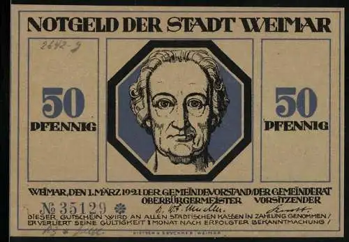 Notgeld Weimar, 50 Pfennig, Goethe, Held hält seinen schützenden Schild über die Stadt