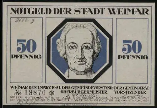 Notgeld Weimar, 50 Pfennig, Held hält schützenden Schild über die Stadt