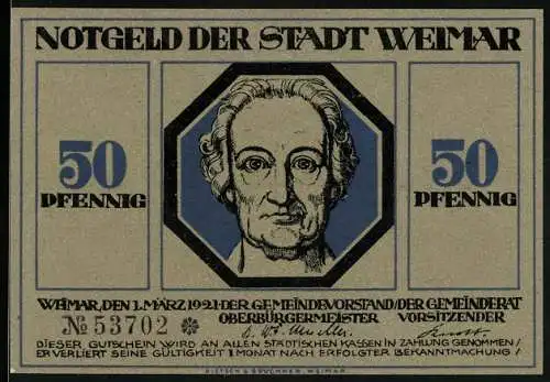 Notgeld Weimar, 50 Pfennig, Held hält schützenden Schild über die Stadt, Goethe