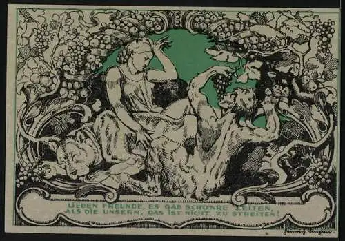 Notgeld Weimar, 50 Pfennig, Schiller, Frau mit Löwe und Faun von Weintrauben umgeben