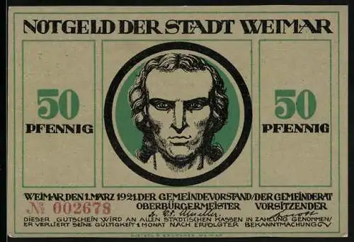 Notgeld Weimar, 50 Pfennig, Schiller, Frau mit Löwe und Faun von Wein umgeben