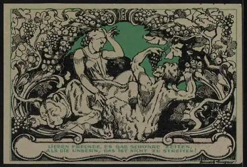Notgeld Weimar, 50 Pfennig, Schiller, Frau mit Löwe und Faun von Wein umgeben
