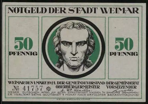 Notgeld Weimar, 50 Pfennig, Frau mit Löwe und Faun von Weintrauben umgeben