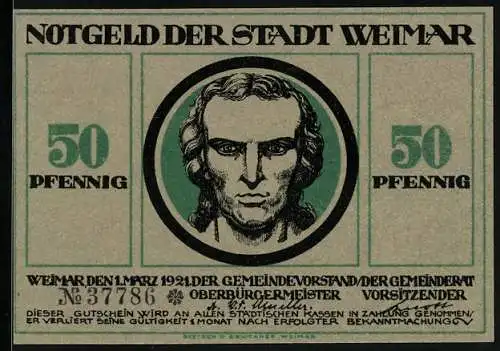 Notgeld Weimar, 50 Pfennig, Schiller, Frau, Löwe und Faun von Weintrauben umgeben