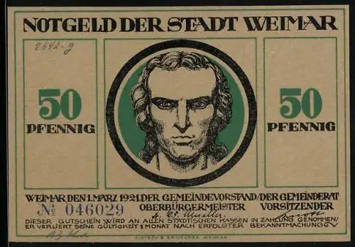 Notgeld Weimar, 50 Pfennig, Frau, Löwe und Faun von Weintrauben umgeben