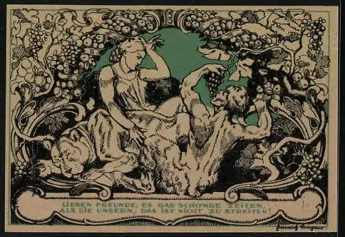 Notgeld Weimar, 50 Pfennig, Frau, Löwe und Faun von Weintrauben umgeben