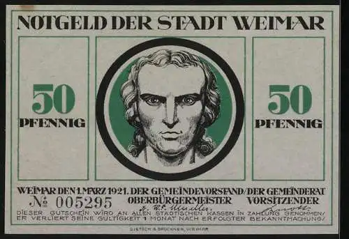Notgeld Weimar, 50 Pfennig, Frau mit Löwe und Faun von Weintrauben umgeben, Schiller