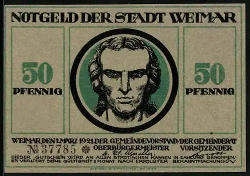 Notgeld Weimar, 50 Pfennig, Frau mit Löwe und Faun von Wein umgeben