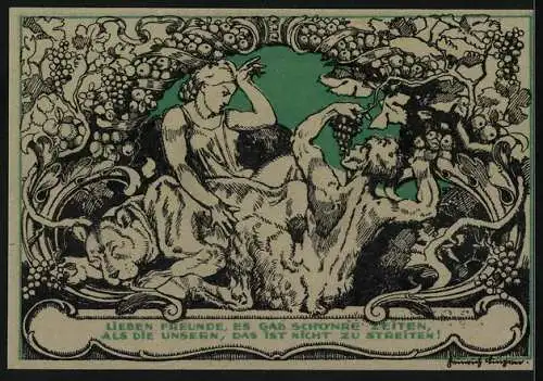 Notgeld Weimar, 50 Pfennig, Frau mit Löwe und Faun von Wein umgeben
