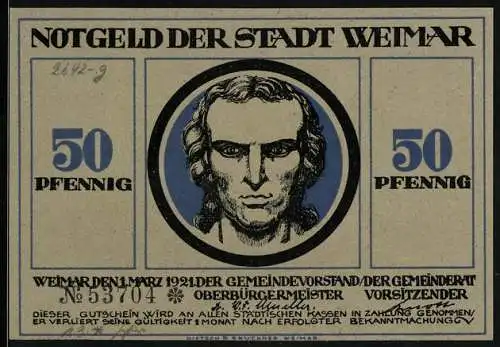 Notgeld Weimar, 50 Pfennig, Schiller, Mann begrüsst die Sonne