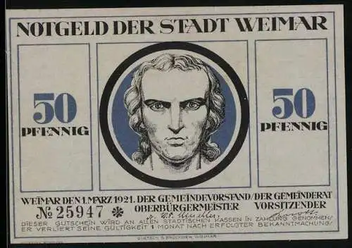 Notgeld Weimar, 50 Pfennig, Schiller, Mann begrüsst den Sonnenschein