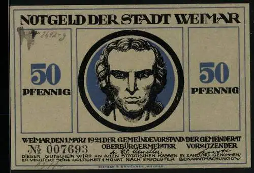 Notgeld Weimar, 50 Pfennig, Schiller, Mann begrüsst die strahlende Sonne