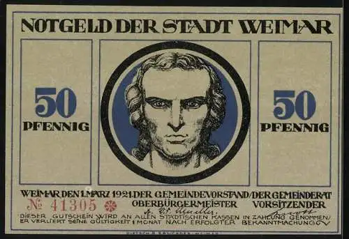 Notgeld Weimar, 50 Pfennig, Schiller, Mann begrüsst die scheinende Sonne