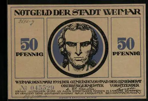 Notgeld Weimar, 50 Pfennig, Schiller, Zwei Männer bei Sonnenaufgang