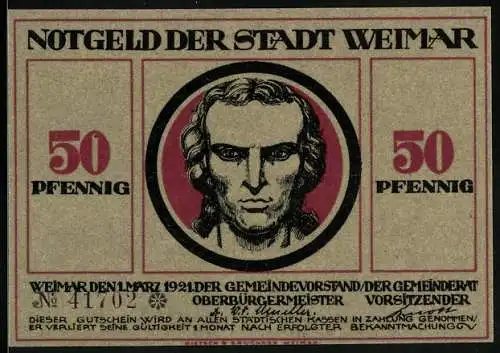 Notgeld Weimar, 50 Pfennig, Schiller, Zwei Männer um die Sonne, zerbrochene Schwerter