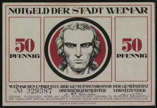 Notgeld Weimar, 50 Pfennig, Schiller, Zwei Männer um die Sonne, zwei zerbrochene Schwerter
