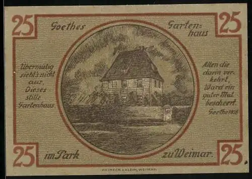 Notgeld Weimar 1921, 25 Pfennig, Goethes Gartenhaus im Park