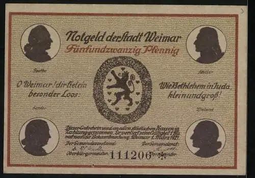 Notgeld Weimar 1921, 25 Pfennig, Goethehaus am Frauenplan