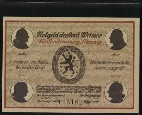 Notgeld Weimar 1921, 25 Pfennig, Das alte Theater und das Goethe-Schiller-Denkmal