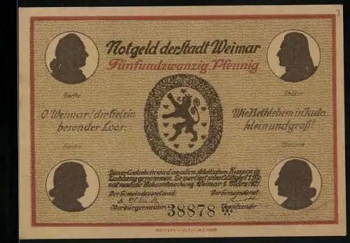 Notgeld Weimar 1921, 25 Pfennig, Menschenmenge vor dem Goethehaus am Frauenplan