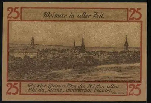 Notgeld Weimar 1921, 25 Pfennig, Ortsansicht in alter Zeit