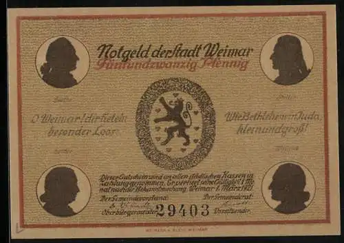 Notgeld Weimar 1921, 25 Pfennig, Gesamtansicht in alter Zeit