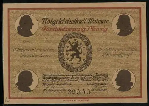 Notgeld Weimar 1921, 25 Pfennig, Goethehaus am Frauenplan